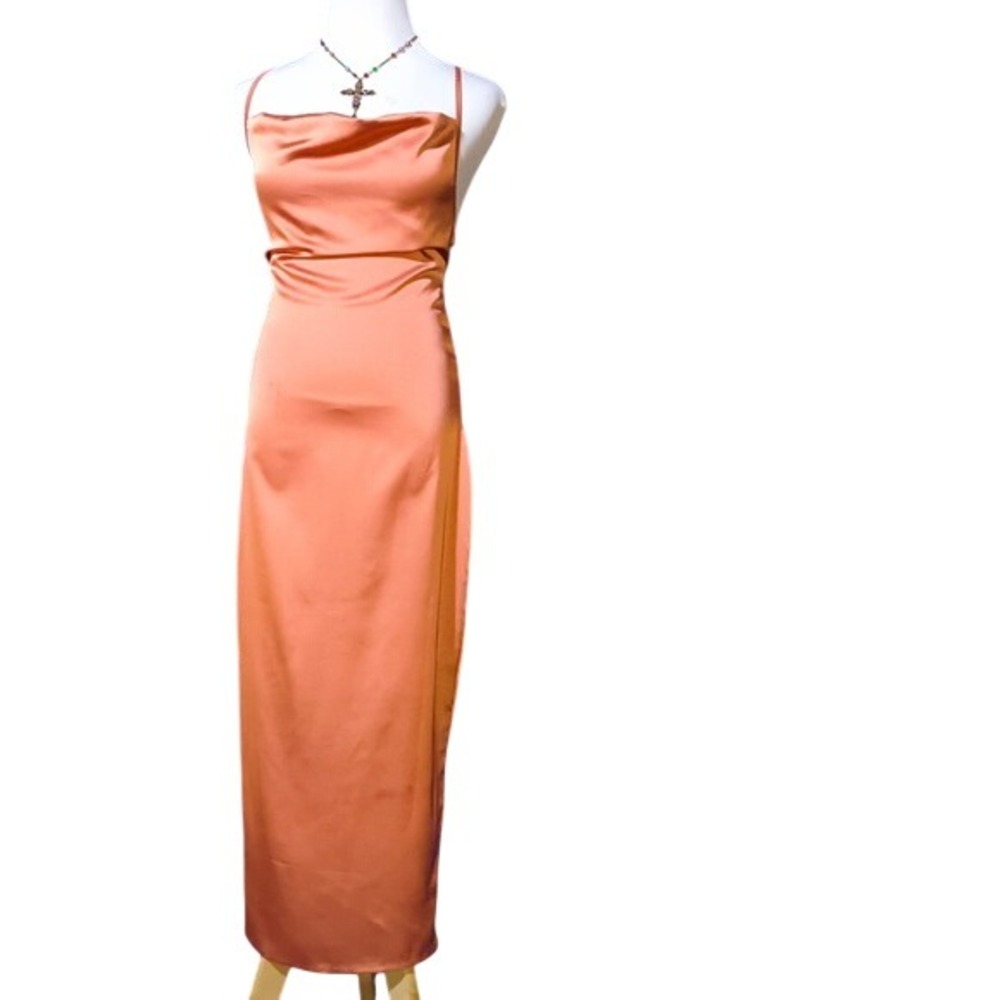 PrettyLittleThing Rust Satin Cowl Neck Lace Up Back Midi Dress US 6 NEW - Picture 13 of 16